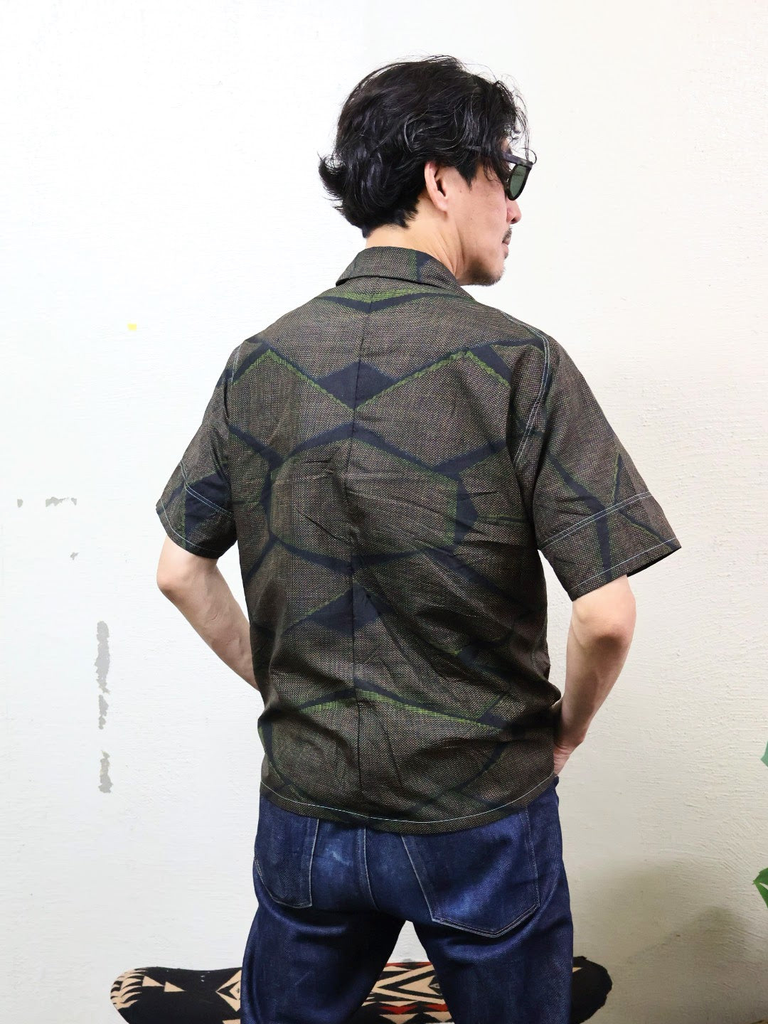 Kikkō Pattern Short Sleeve Oshima Tsumugi Aloha Shirt L CA63