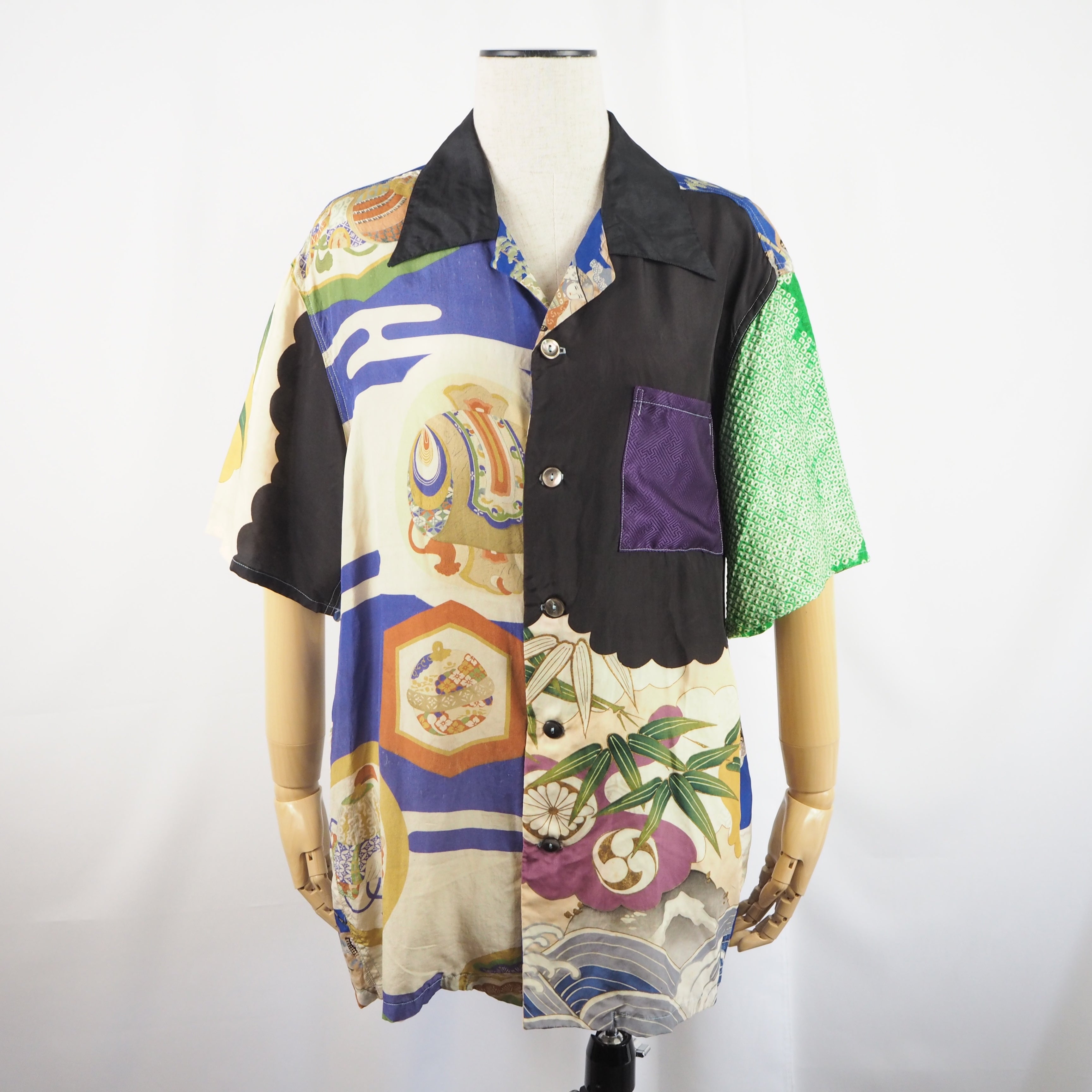 鶴と兜　半袖アロハシャツ　M　CA21