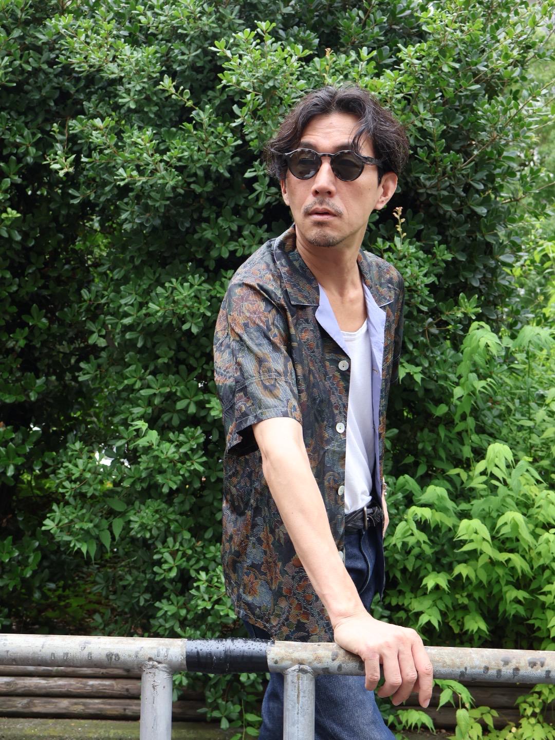襟元紫　半袖大島紬アロハシャツ　L　CA57