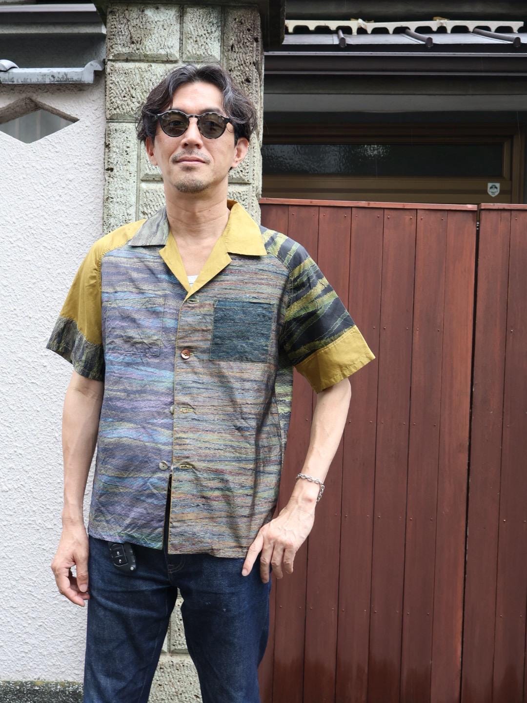 Tiger Embroidery Short Sleeve Embroidered Oshima Tsumugi Aloha Shirt L CA55