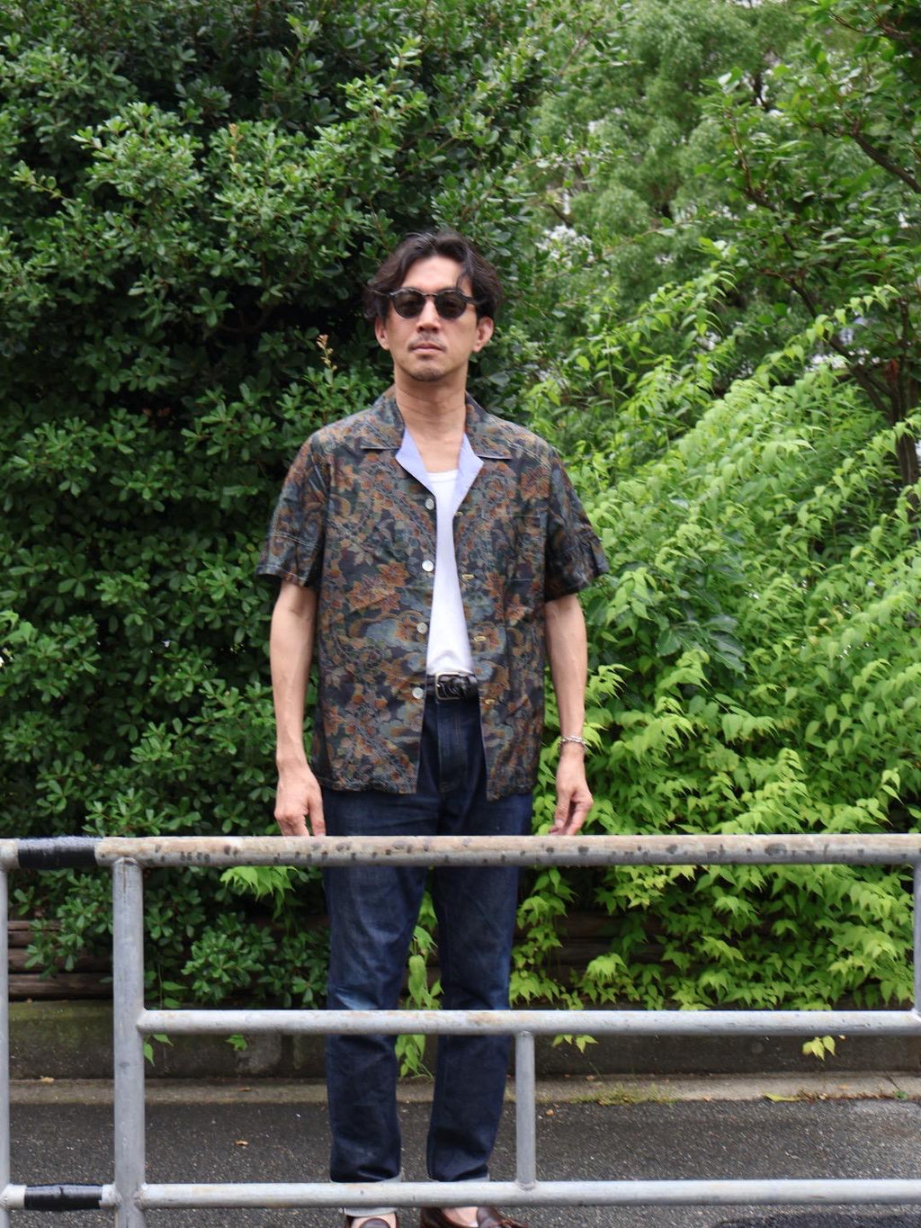襟元紫　半袖大島紬アロハシャツ　L　CA57