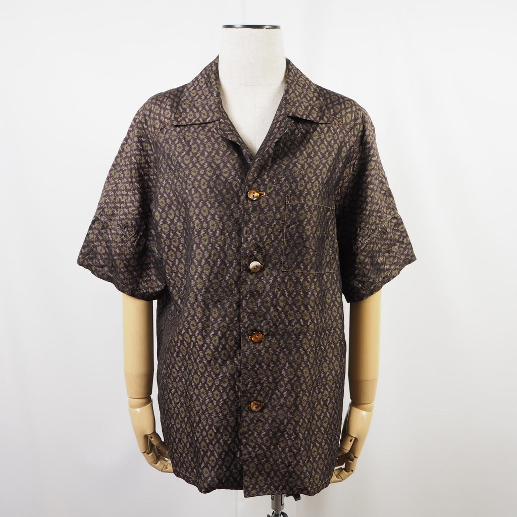 Brown Geometric Pattern Short Sleeve Oshima Tsumugi Aloha Shirt L CA44