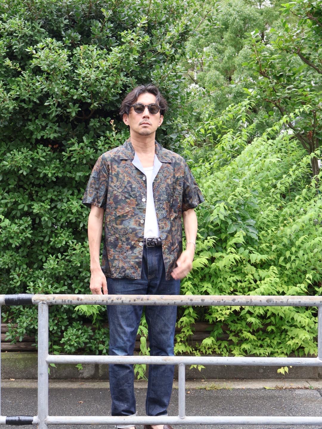 襟元紫　半袖大島紬アロハシャツ　L　CA57