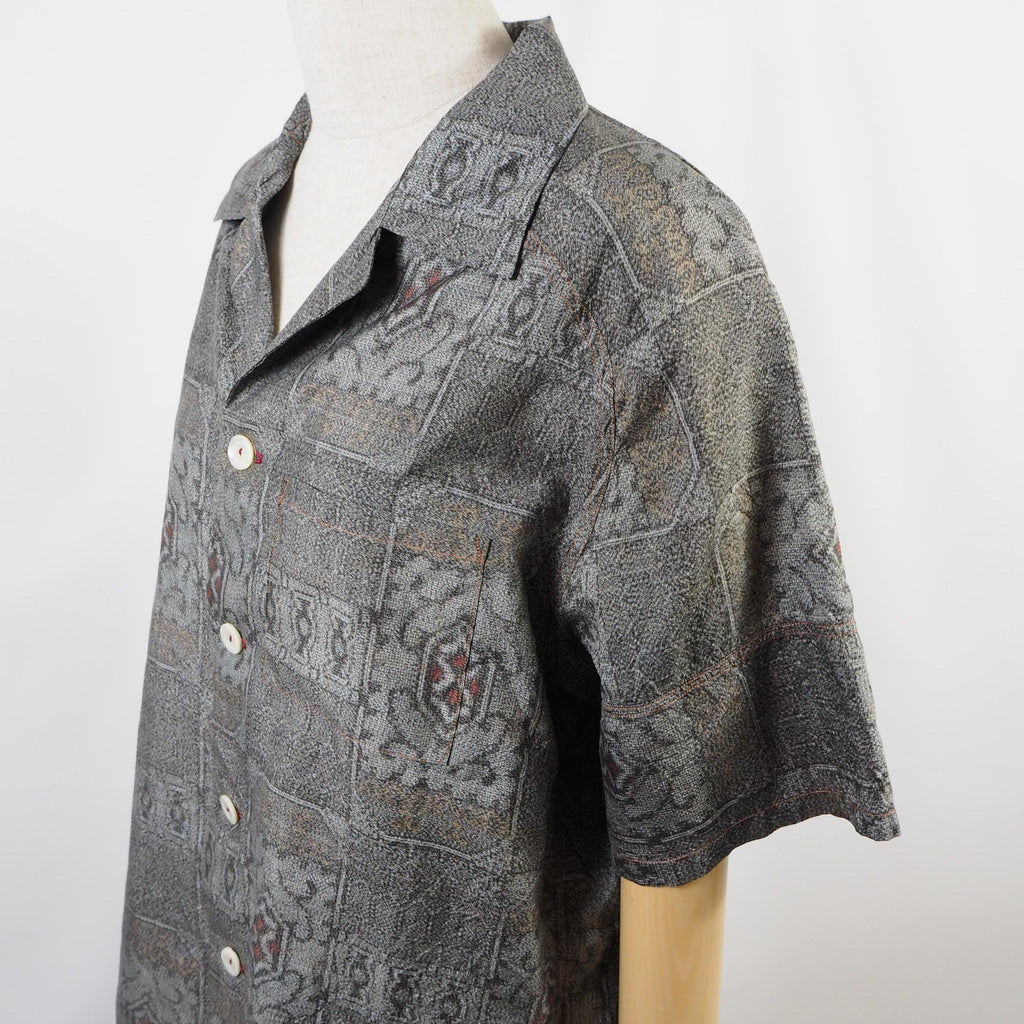 Gray Geometric Pattern Short Sleeve Oshima Tsumugi Aloha Shirt M CA45