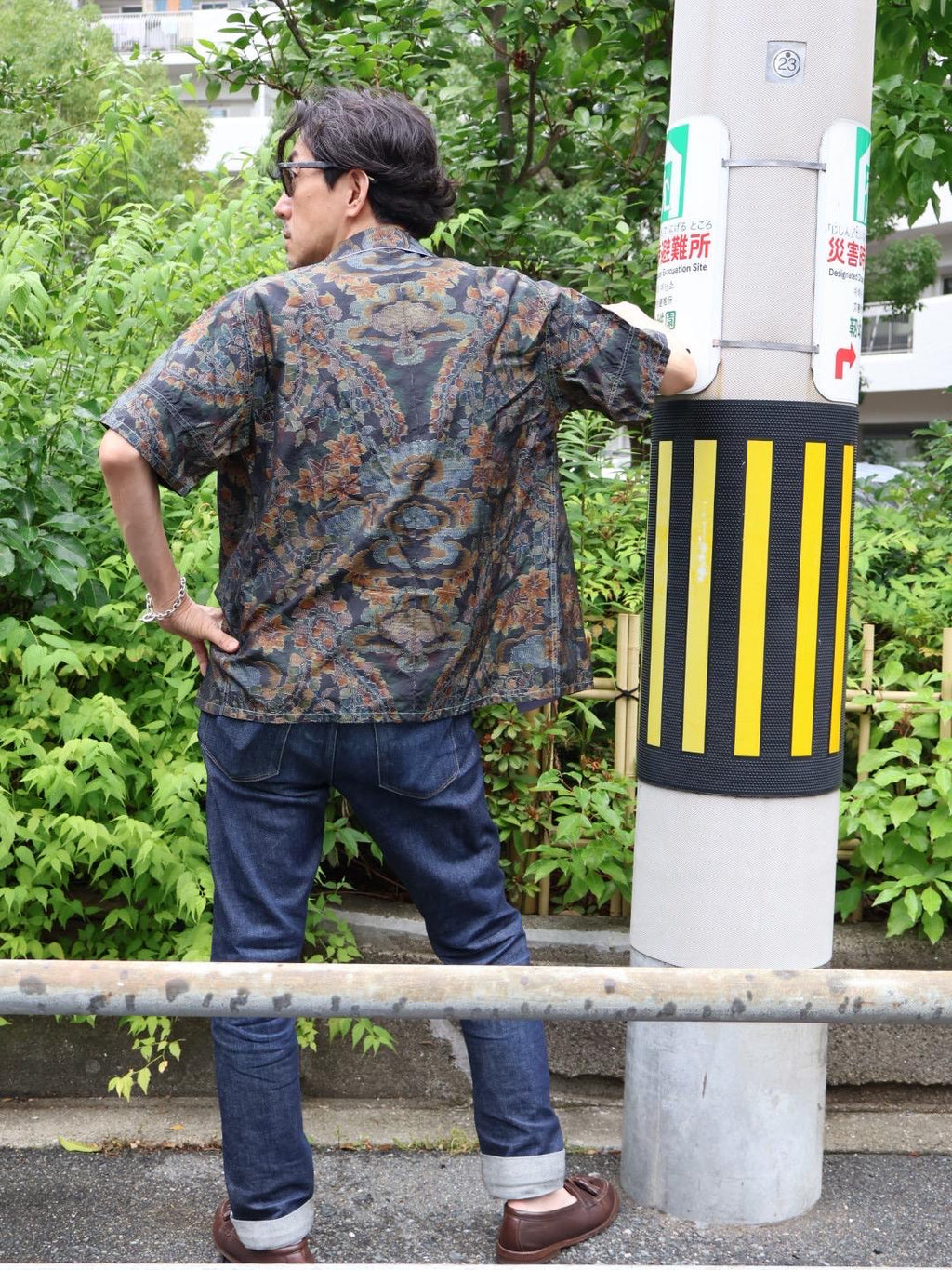 襟元紫　半袖大島紬アロハシャツ　L　CA57