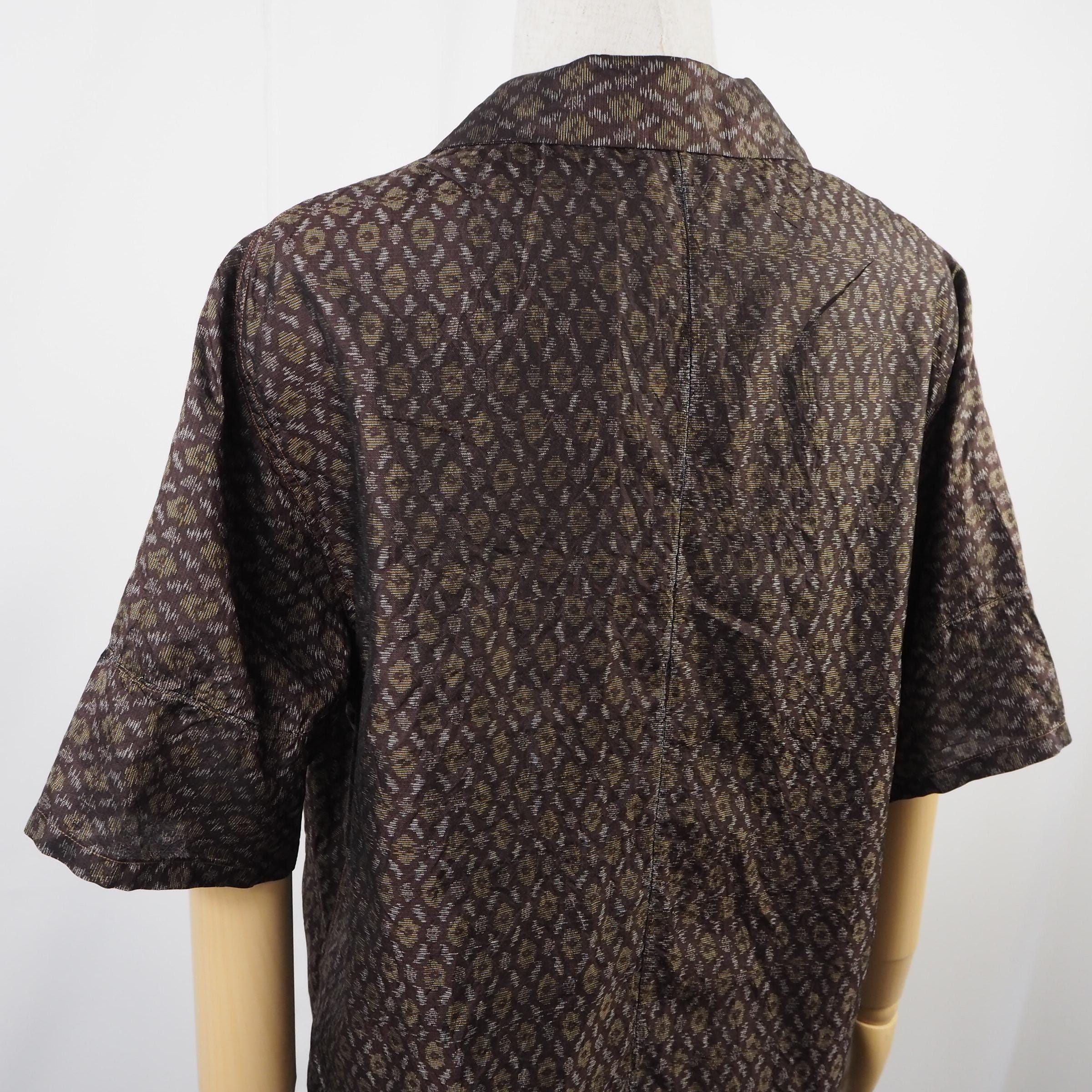 Brown Geometric Pattern Short Sleeve Oshima Tsumugi Aloha Shirt L CA44