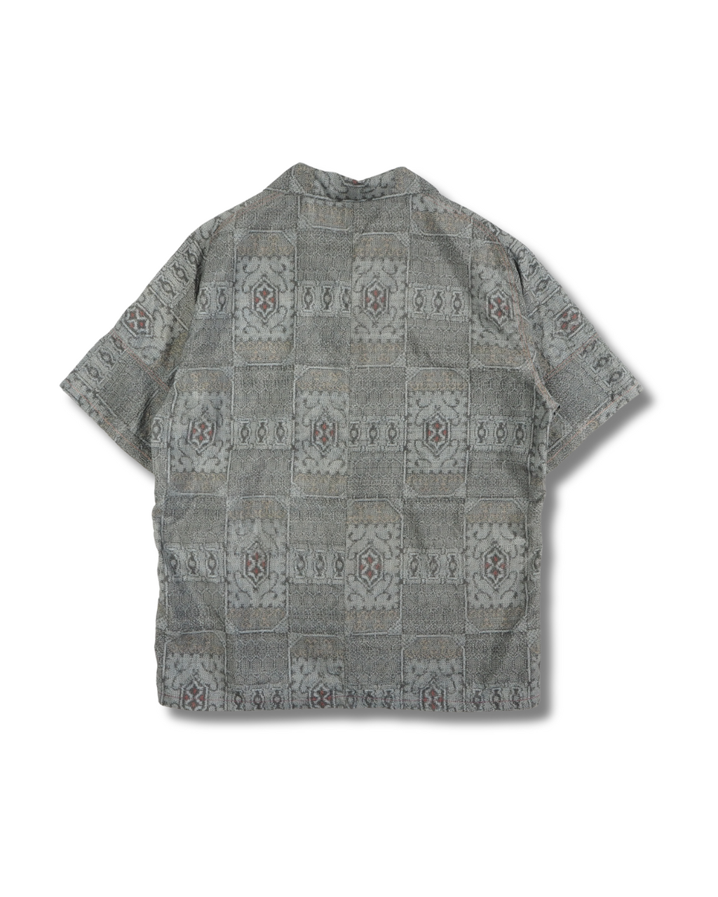 Gray Geometric Pattern Short Sleeve Oshima Tsumugi Aloha Shirt M CA45