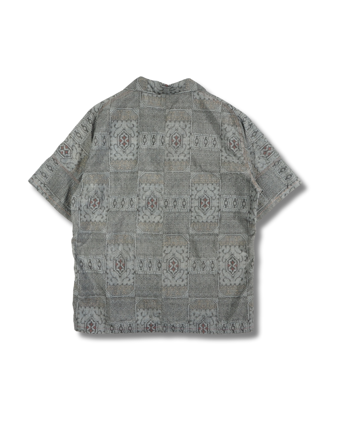 Gray Geometric Pattern Short Sleeve Oshima Tsumugi Aloha Shirt M CA45