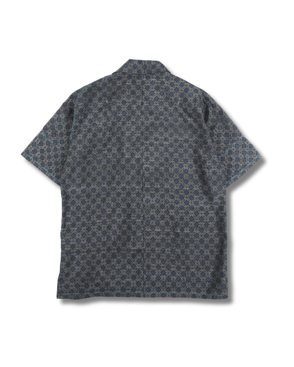 ネイビー幾何学模様　半袖大島紬アロハシャツ　M　CA49