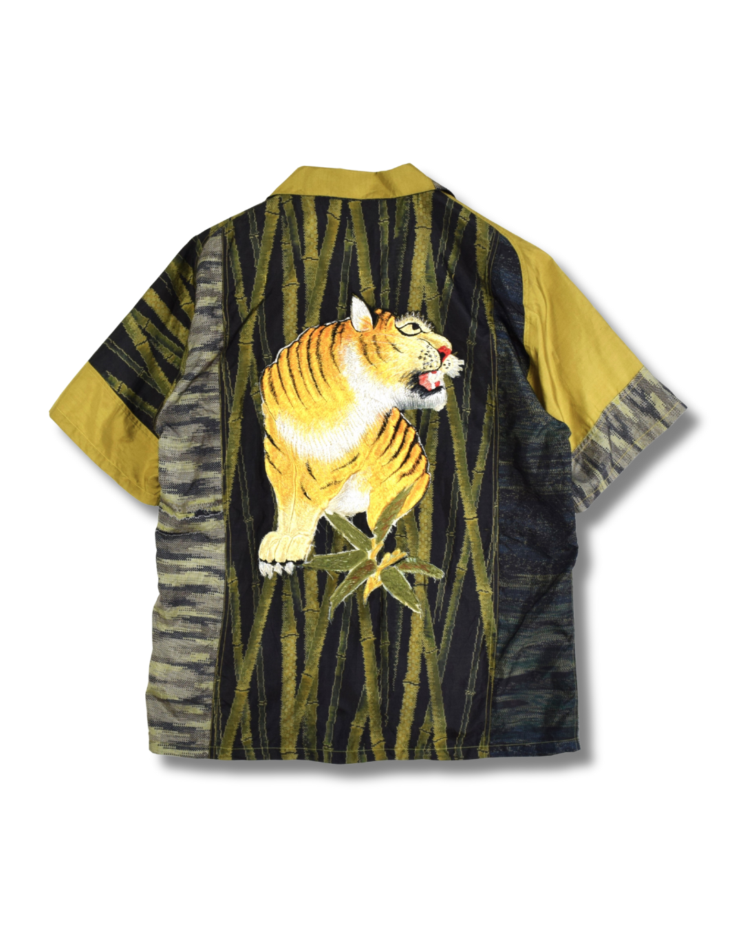 Tiger Embroidery Short Sleeve Embroidered Oshima Tsumugi Aloha Shirt L CA55