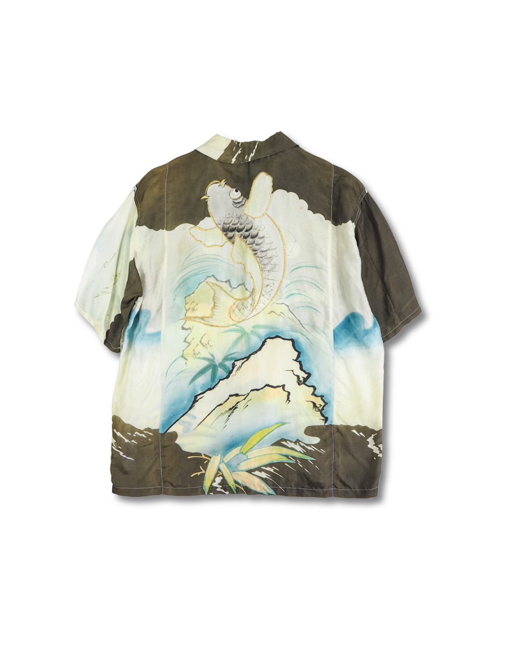 鯉柄山水　半袖アロハシャツ　M　CA6