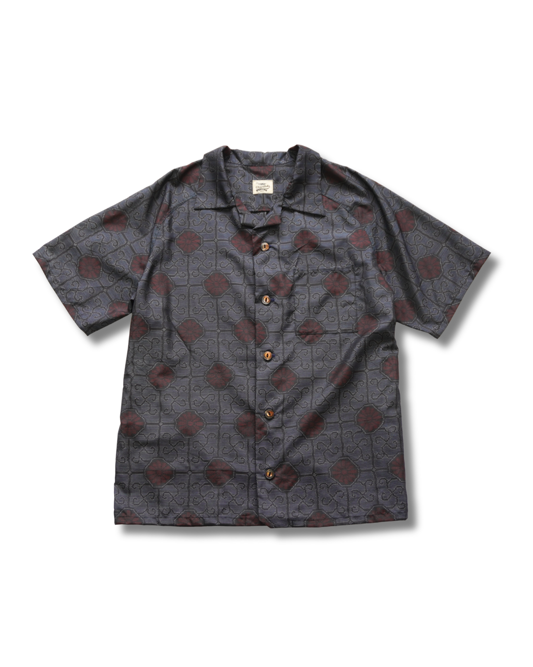 赤い花柄　半袖大島紬アロハシャツ　XL　CA92
