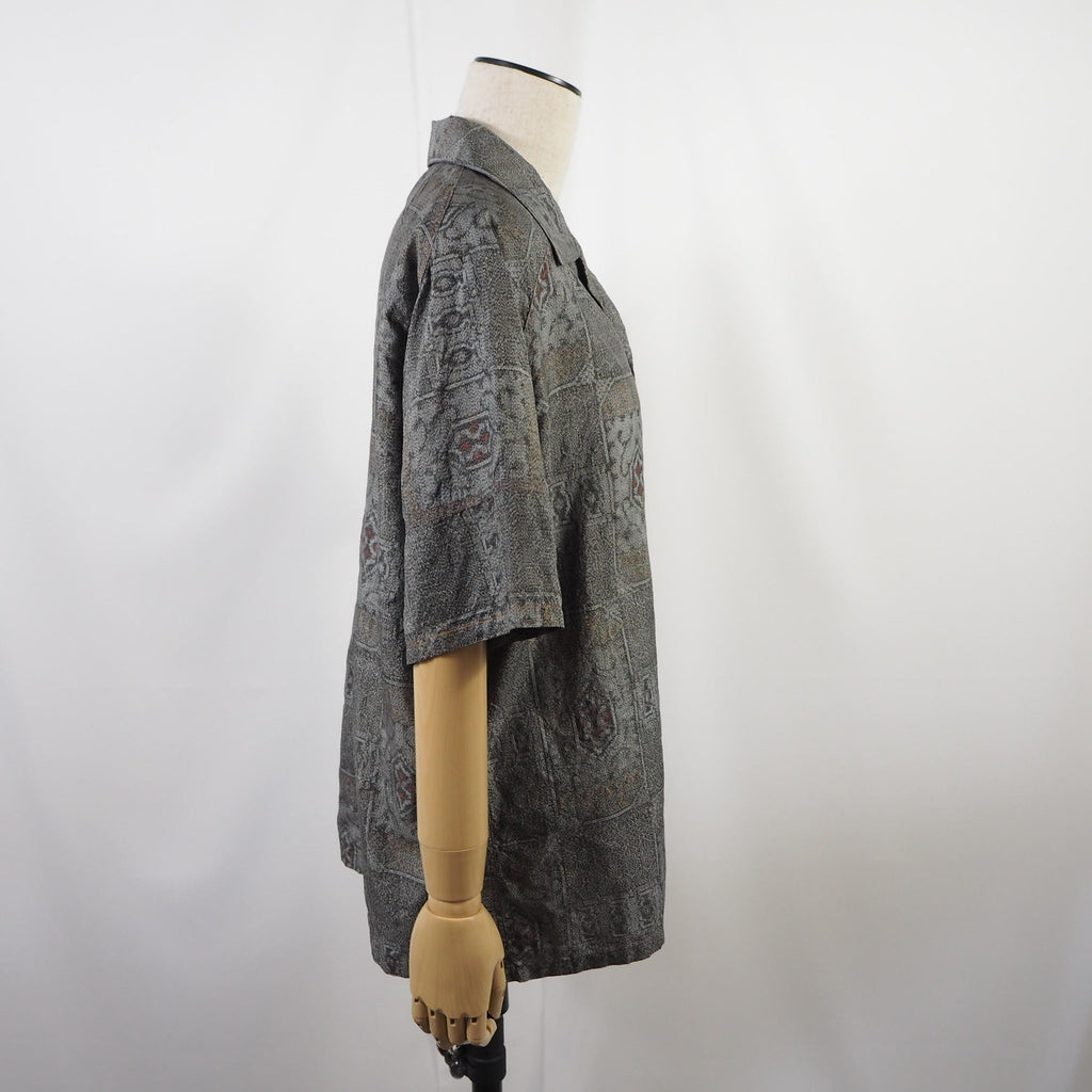 Gray Geometric Pattern Short Sleeve Oshima Tsumugi Aloha Shirt M CA45