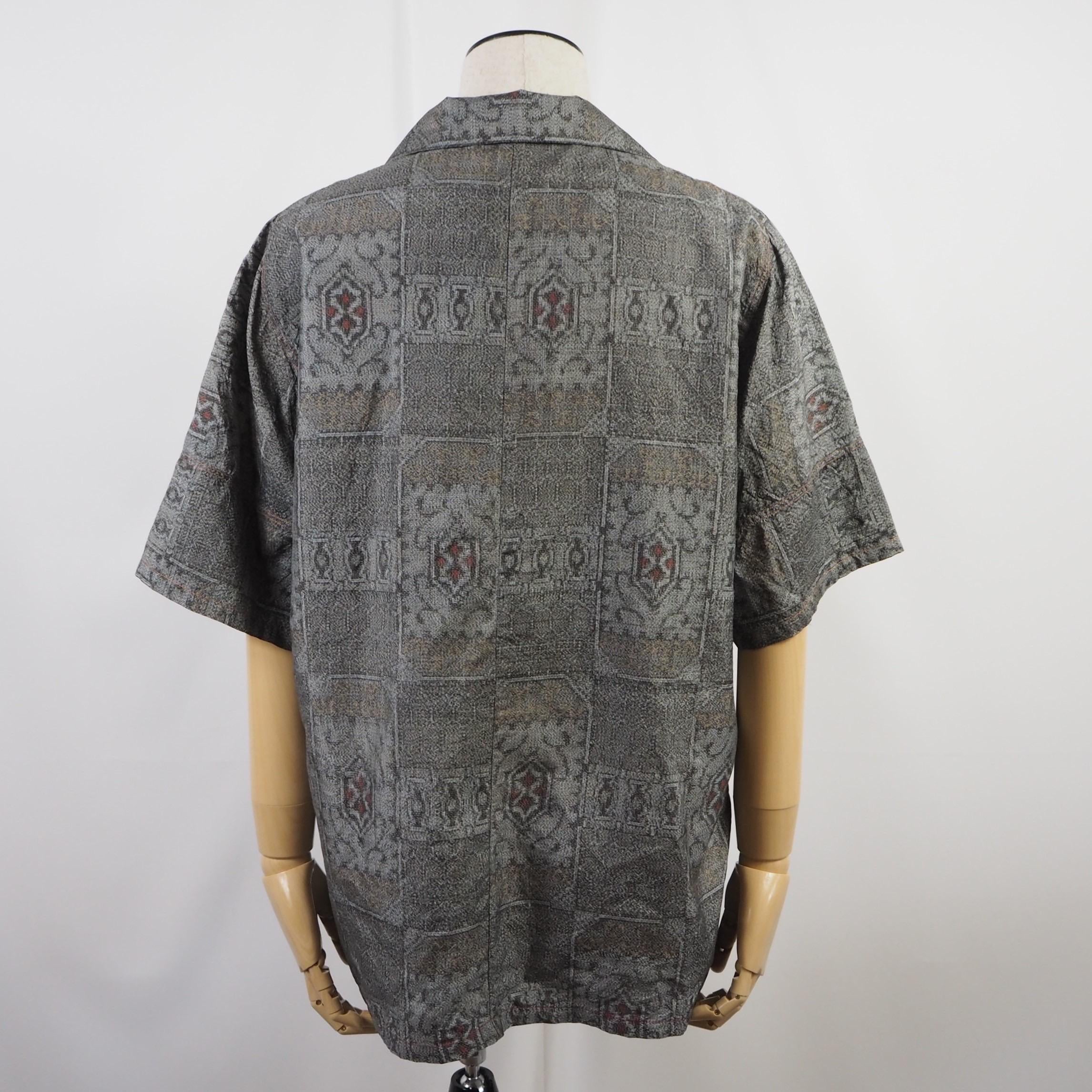 Gray Geometric Pattern Short Sleeve Oshima Tsumugi Aloha Shirt M CA45