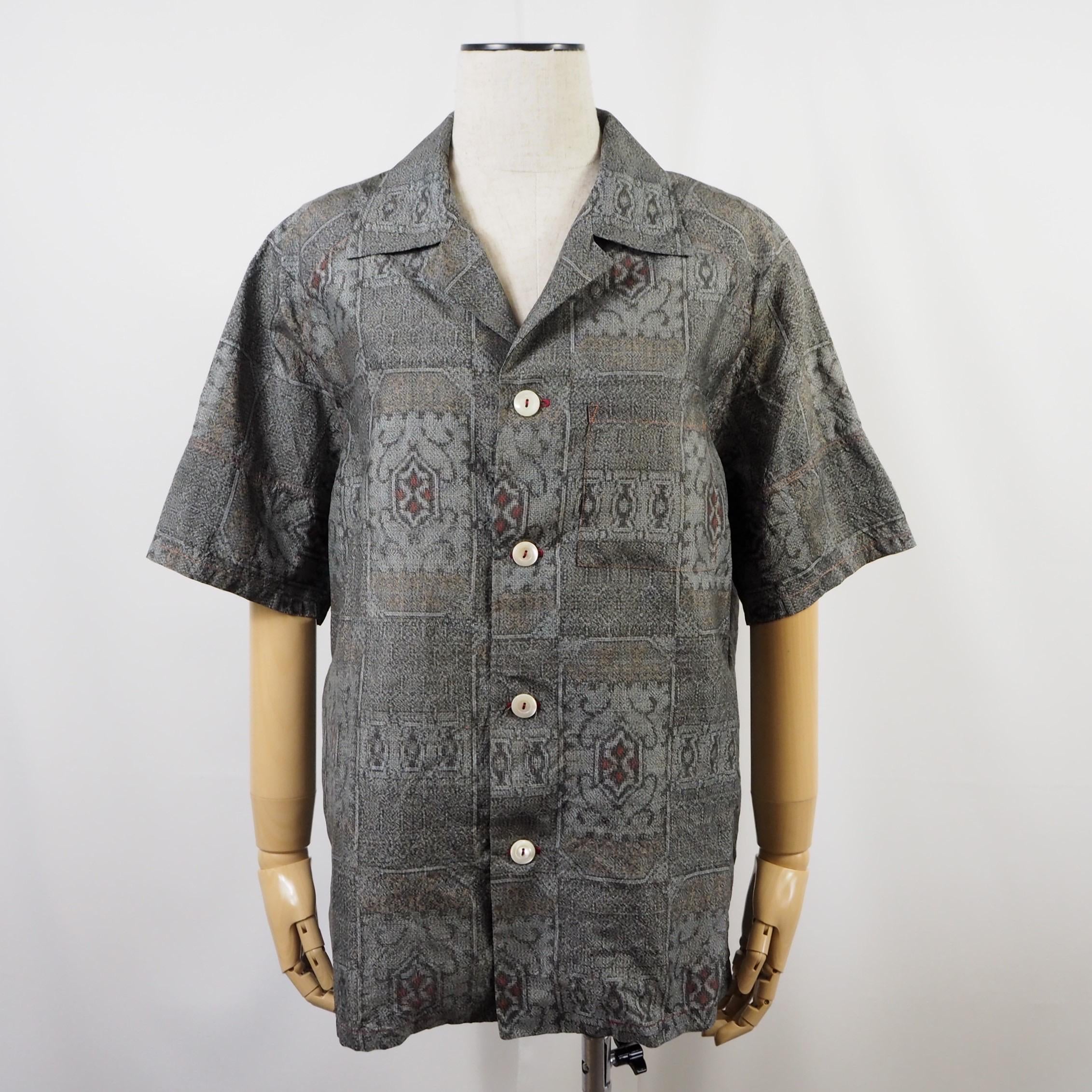 Gray Geometric Pattern Short Sleeve Oshima Tsumugi Aloha Shirt M CA45